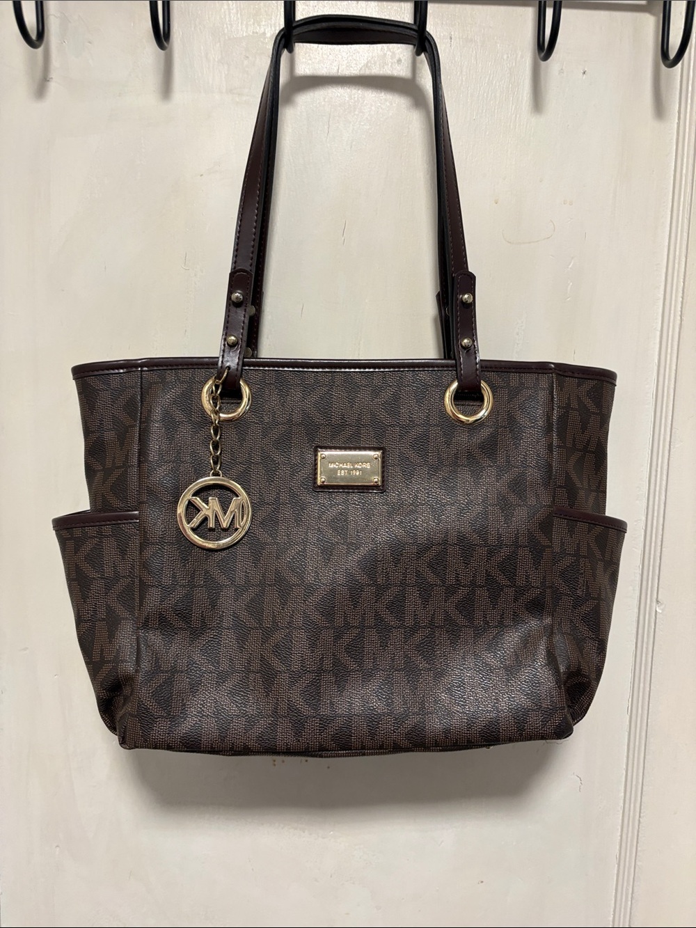 Michael Kors Jer Set Brown MK Signature Tote with Gold Charm Coated Canvas